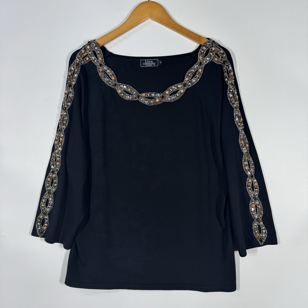 Lisa International Women's Top Plus 1X‎ Black Beaded Neckline 3/4 Sleeve Dressy
